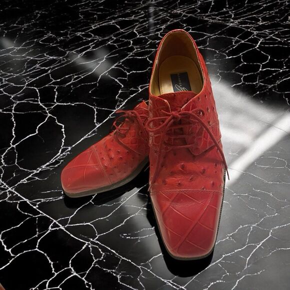 Georgio Brutini Mens Red Ostrich Dress Shoes Size 8 Leather - Picture 1 of 9